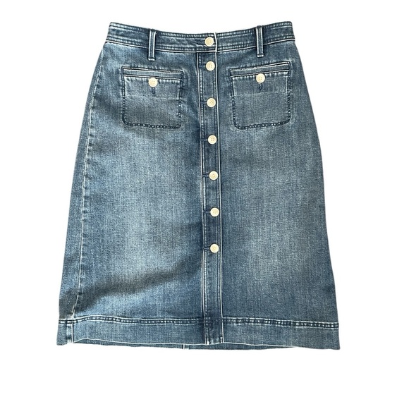 TALBOTS Talbots Stretch Denim A-Line Button Front Midi Jean Skirt Size 6 - Picture 2 of 6